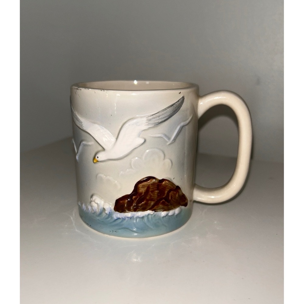 Vintage Otagiri Seagull Mug Hand Painted Japan Embossed Coastal Nautical Ceramic